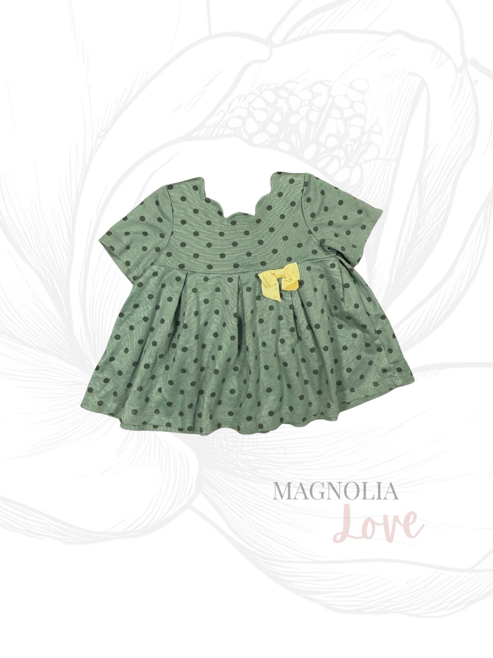 💛 Tahari Green Baby Dress w/ Black Polka Dots Gold Buttons Gold Bow 24M